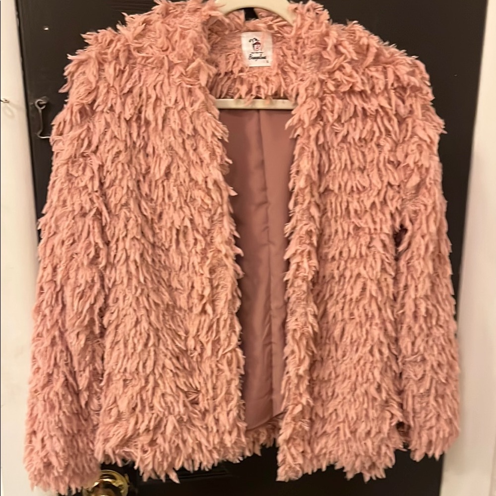 Pink Teddy Jacket with Fluffy Texture and Cropped Style